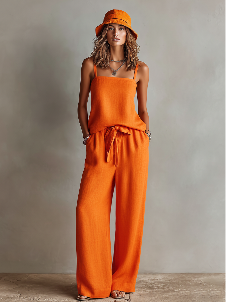 Orange Linen Two-Piece Set - Square Neck Cami Top & Tie-Waist Wide-Leg Pants