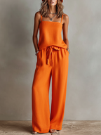 Orange Linen Two-Piece Set - Square Neck Cami Top & Tie-Waist Wide-Leg Pants