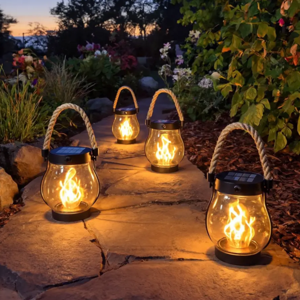 Outdoor Solar Lantern with Flickering Flame Effect and Rechargeable USB-C – Halloween Decor, Camping