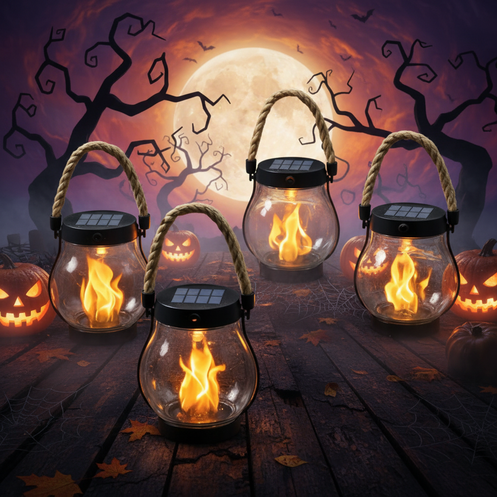 Outdoor Solar Lantern with Flickering Flame Effect and Rechargeable USB-C – Halloween Decor, Camping