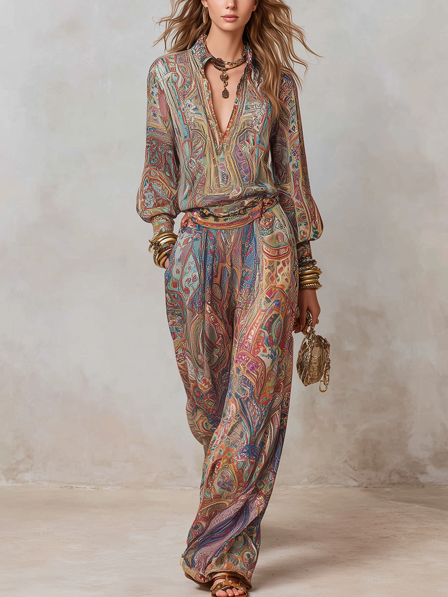 Paisley Print Wide Leg Pantsuit for Women - Stylish and Comfortable Outfit
