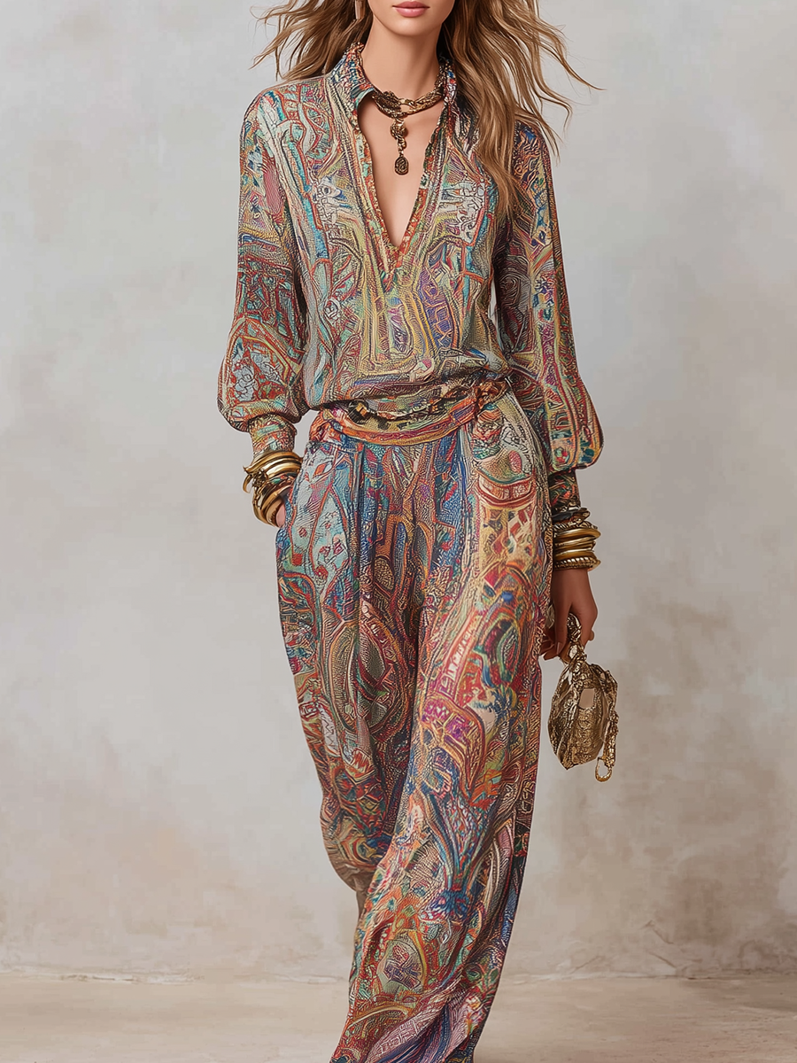 Paisley Print Wide Leg Pantsuit for Women - Stylish and Comfortable Outfit