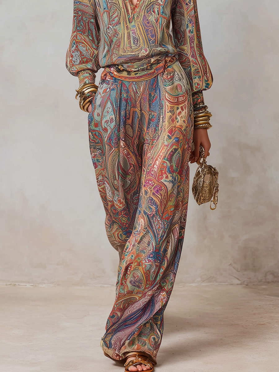 Paisley Print Wide Leg Pantsuit for Women - Stylish and Comfortable Outfit
