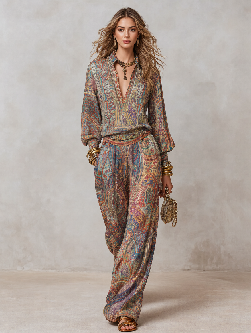 Paisley Print Wide Leg Pantsuit for Women - Stylish and Comfortable Outfit