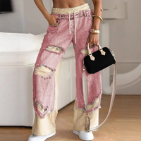 Patchwork Denim Wide-Leg Pants with Elastic Drawstring for Casual Wear