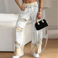Patchwork Denim Wide-Leg Pants with Elastic Drawstring for Casual Wear