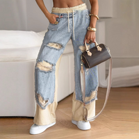 Patchwork Denim Wide-Leg Pants with Elastic Drawstring for Casual Wear