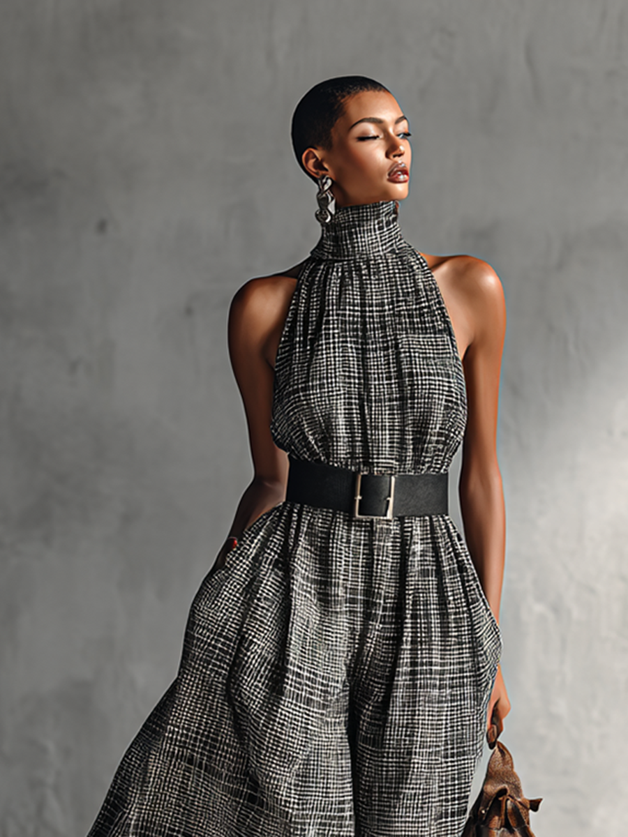 Plaid High Collar Sleeveless Maxi Dress with Belt for Women - MDA1002G2Y