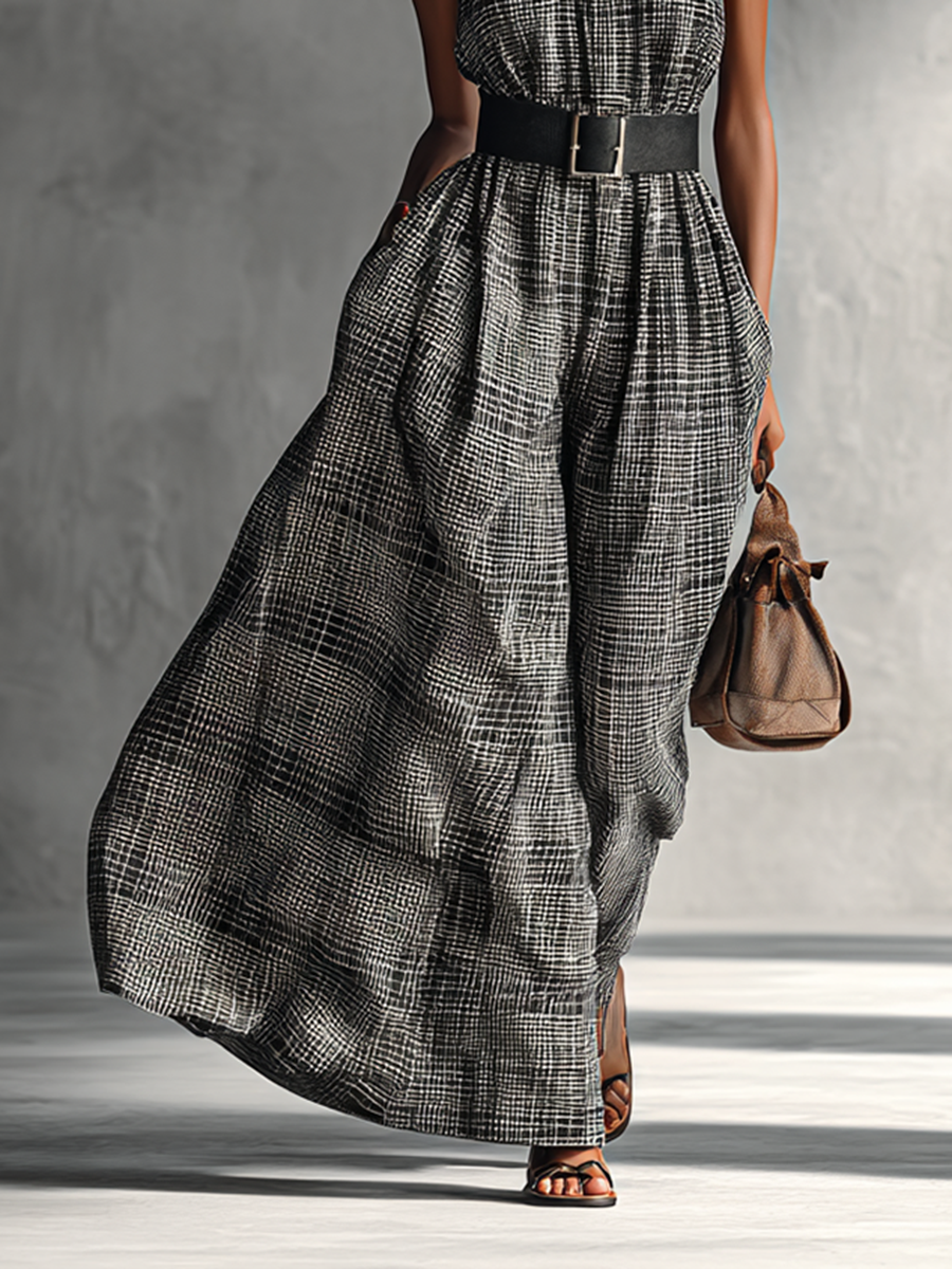 Plaid High Collar Sleeveless Maxi Dress with Belt for Women - MDA1002G2Y