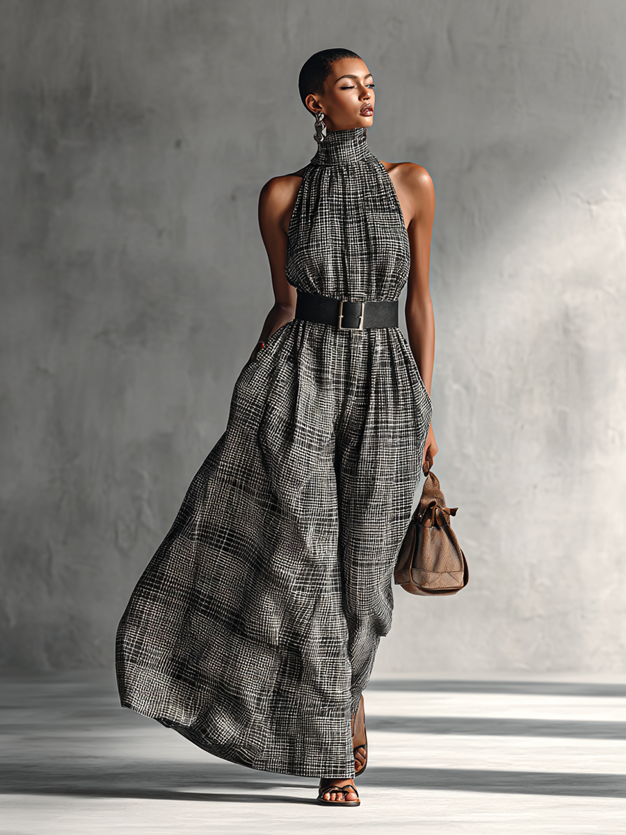 Plaid High Collar Sleeveless Maxi Dress with Belt for Women - MDA1002G2Y
