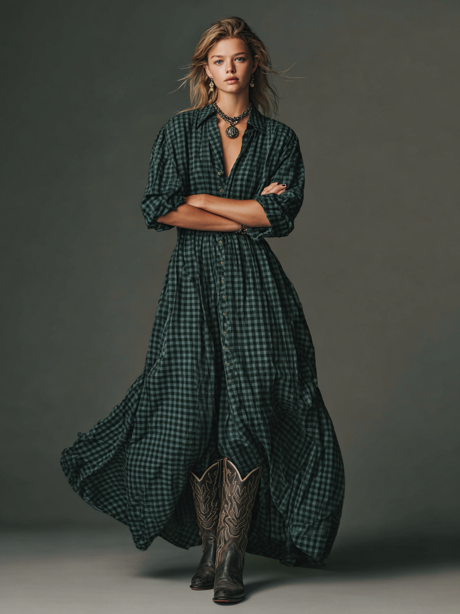 Plaid Long Sleeve Maxi Dress for Women - Casual Cotton Shirt Dress