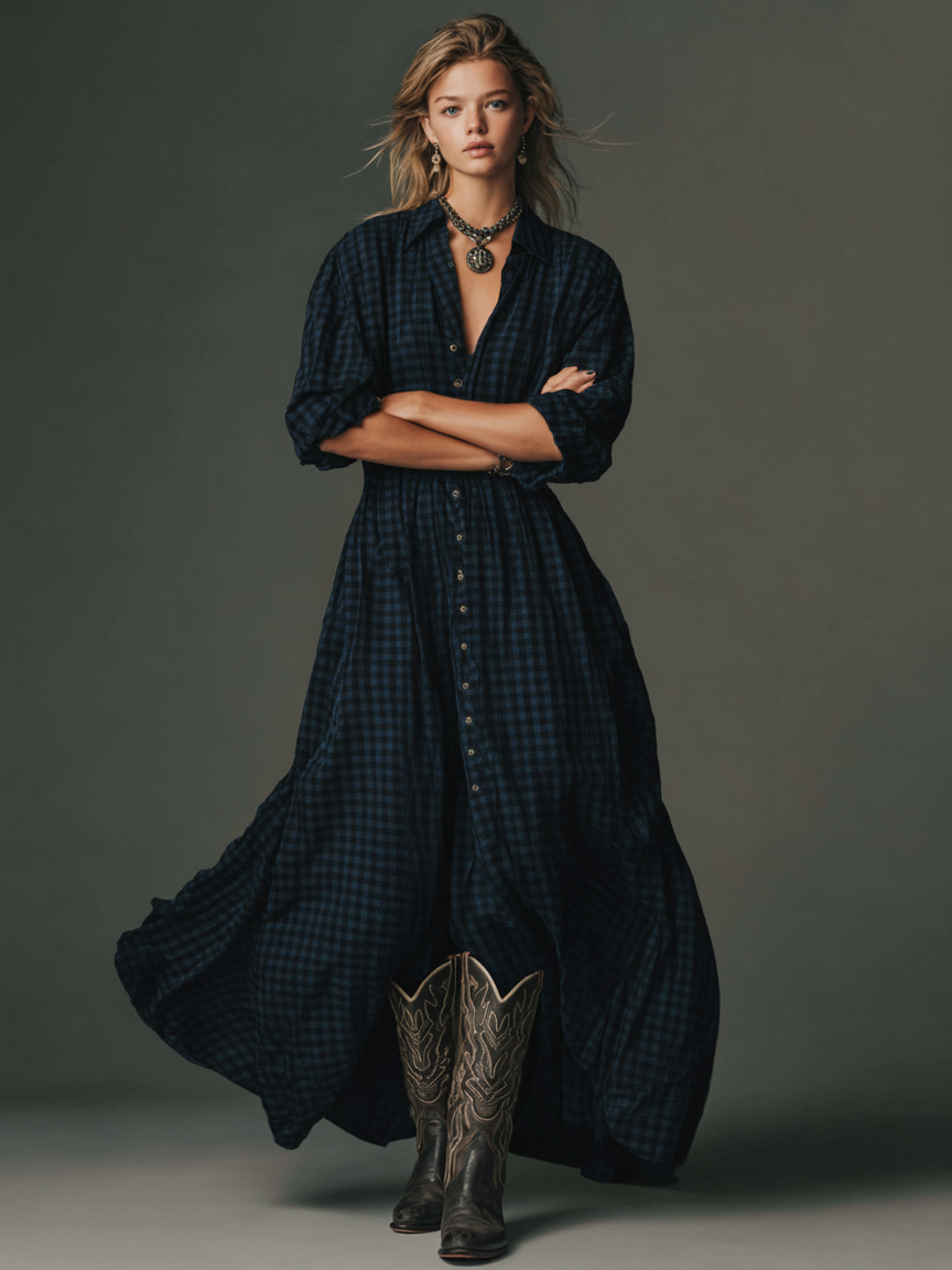 Plaid Long Sleeve Maxi Dress for Women - Casual Cotton Shirt Dress
