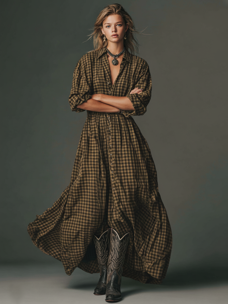 Plaid Long Sleeve Maxi Dress for Women - Casual Cotton Shirt Dress
