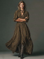Plaid Long Sleeve Maxi Dress for Women - Casual Cotton Shirt Dress