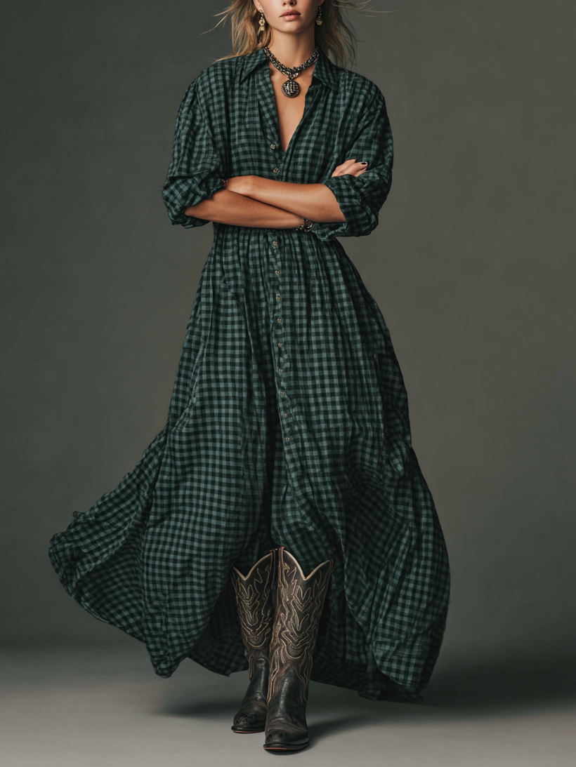 Plaid Long Sleeve Maxi Dress for Women - Casual Cotton Shirt Dress