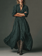 Plaid Long Sleeve Maxi Dress for Women - Casual Cotton Shirt Dress