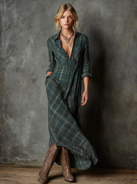 Plaid Maxi Dress with Lapel Collar - Women's Single-Breasted Shirt Style