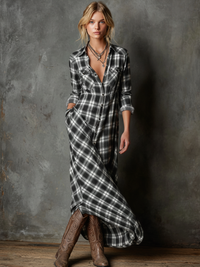 Plaid Maxi Dress with Lapel Collar - Women's Single-Breasted Shirt Style