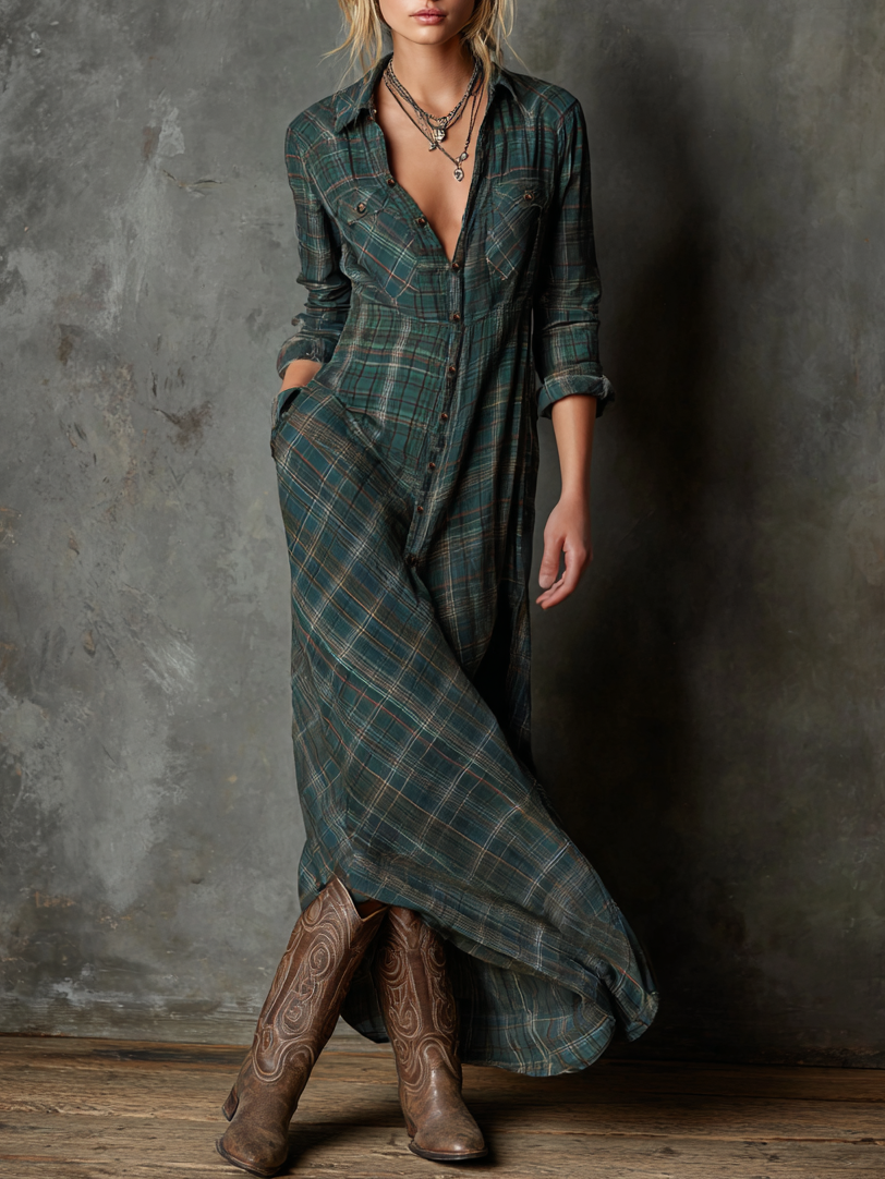 Plaid Maxi Dress with Lapel Collar - Women's Single-Breasted Shirt Style