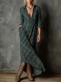 Plaid Maxi Dress with Lapel Collar - Women's Single-Breasted Shirt Style