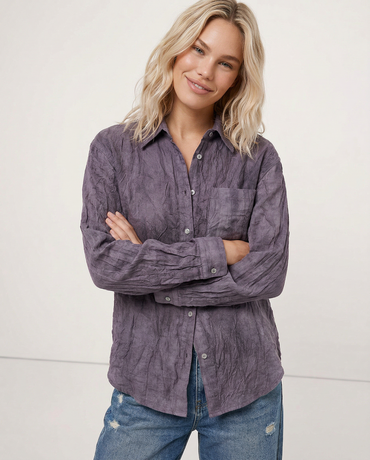 Pleated Linen Button-Up Shirt for Casual or Office Wear