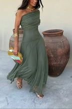 Pleated One-Shoulder Summer Long Dress Women UK – Wedding Guest Garden Party Evening Gown