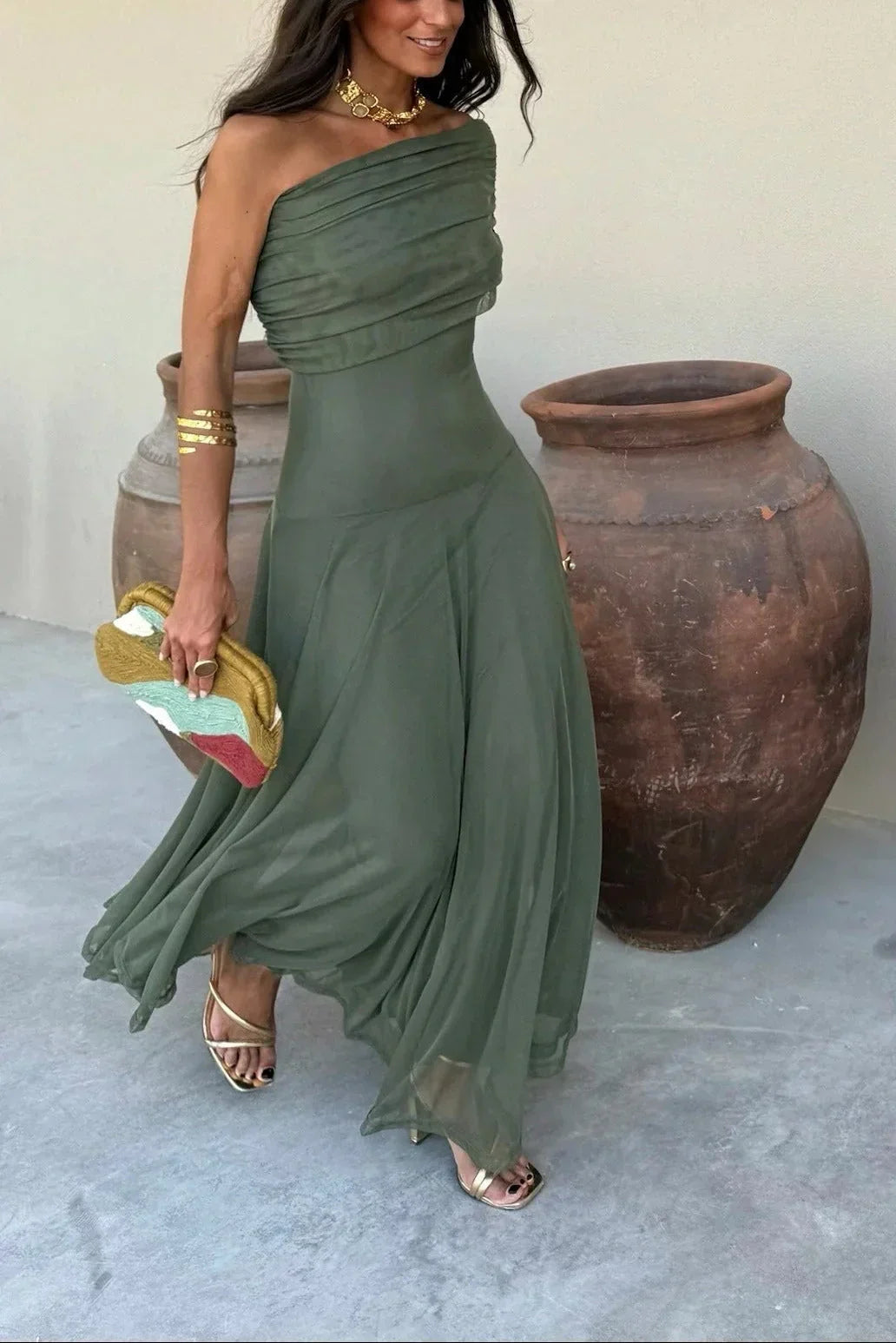 Pleated One-Shoulder Summer Long Dress Women UK – Wedding Guest Garden Party Evening Gown