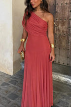 Pleated One-Shoulder Summer Long Dress Women UK – Wedding Guest Garden Party Evening Gown