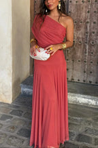 Pleated One-Shoulder Summer Long Dress Women UK – Wedding Guest Garden Party Evening Gown