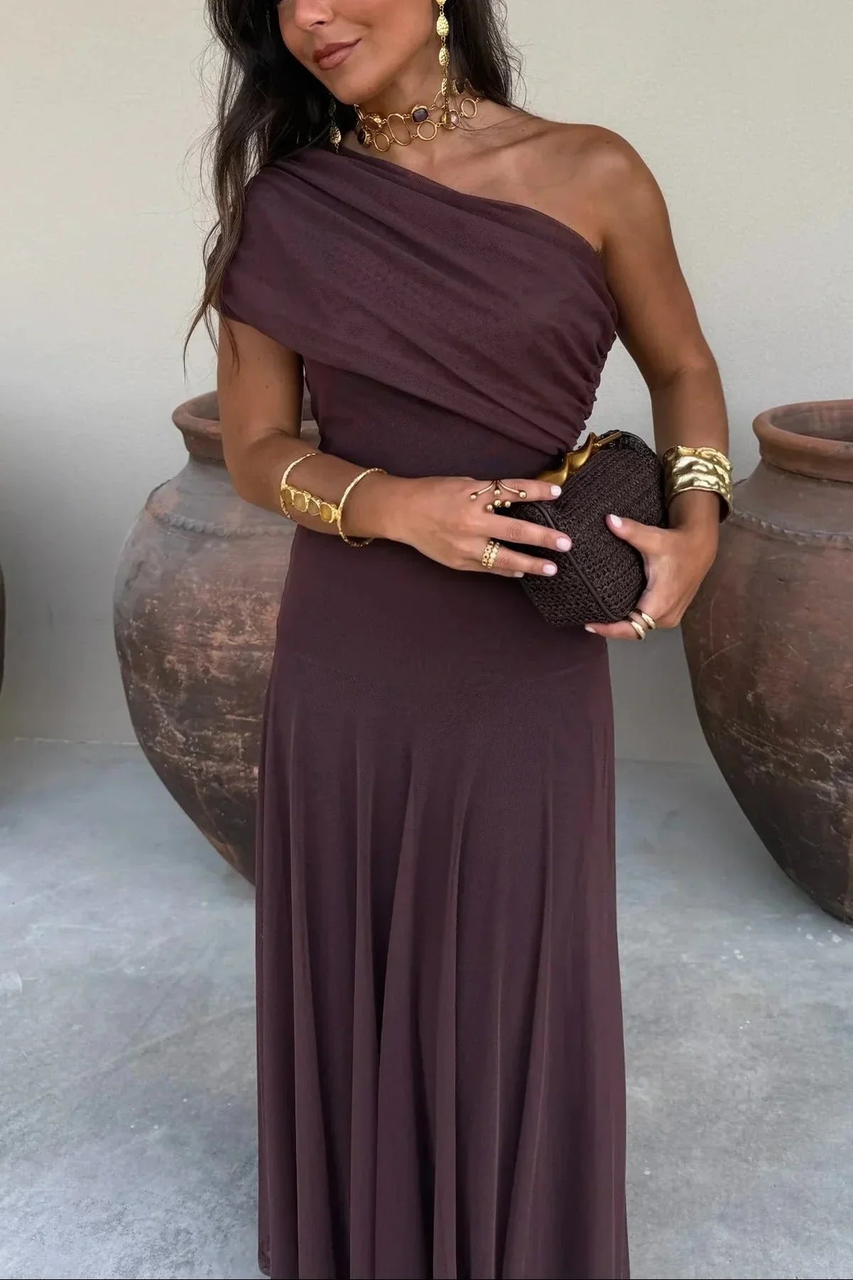 Pleated One-Shoulder Summer Long Dress Women UK – Wedding Guest Garden Party Evening Gown
