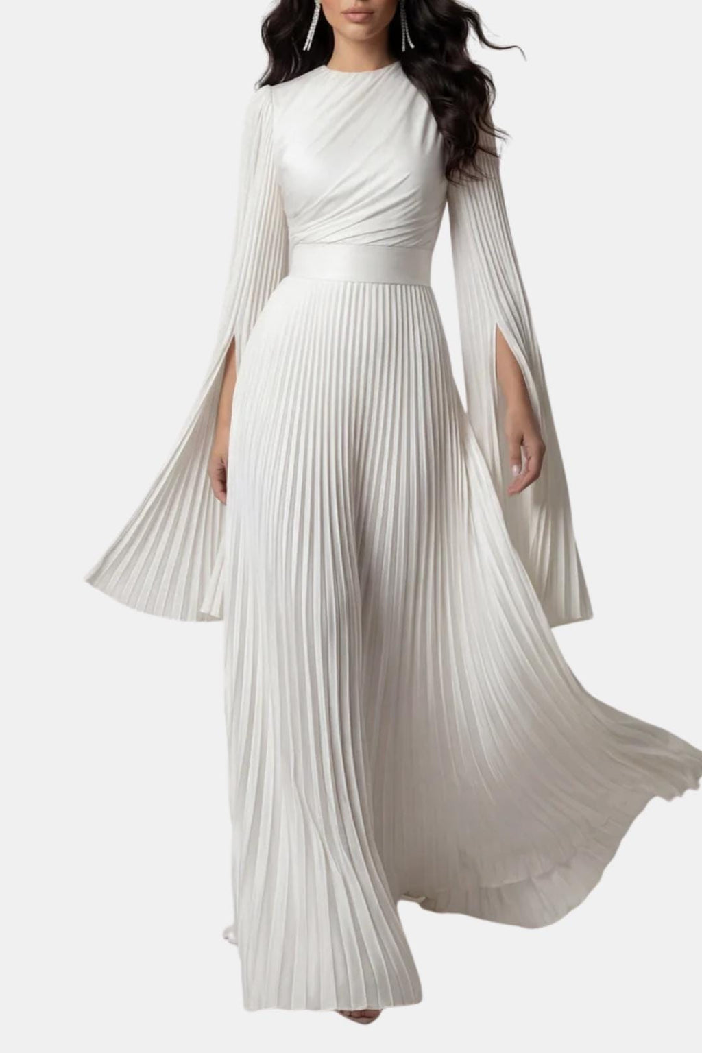 Pleated Satin Sleeve Gown | Elegant Evening Dress for Women | UK Fashion