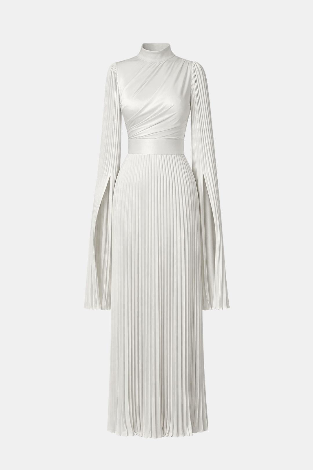 Pleated Satin Sleeve Gown | Elegant Evening Dress for Women | UK Fashion