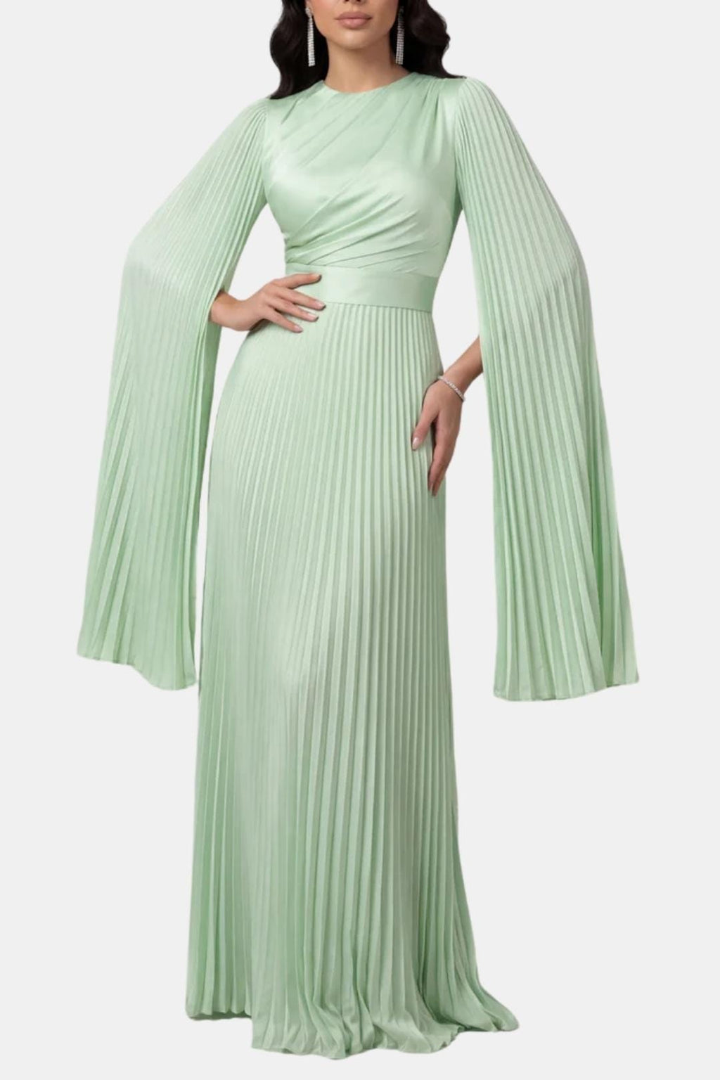Pleated Satin Sleeve Gown | Elegant Evening Dress for Women | UK Fashion