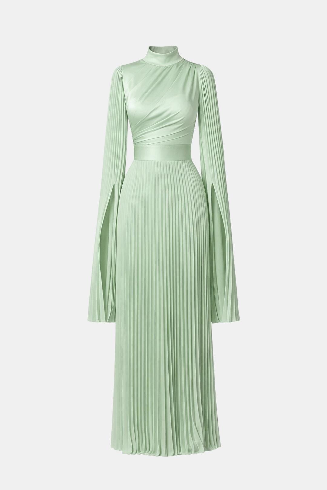 Pleated Satin Sleeve Gown | Elegant Evening Dress for Women | UK Fashion