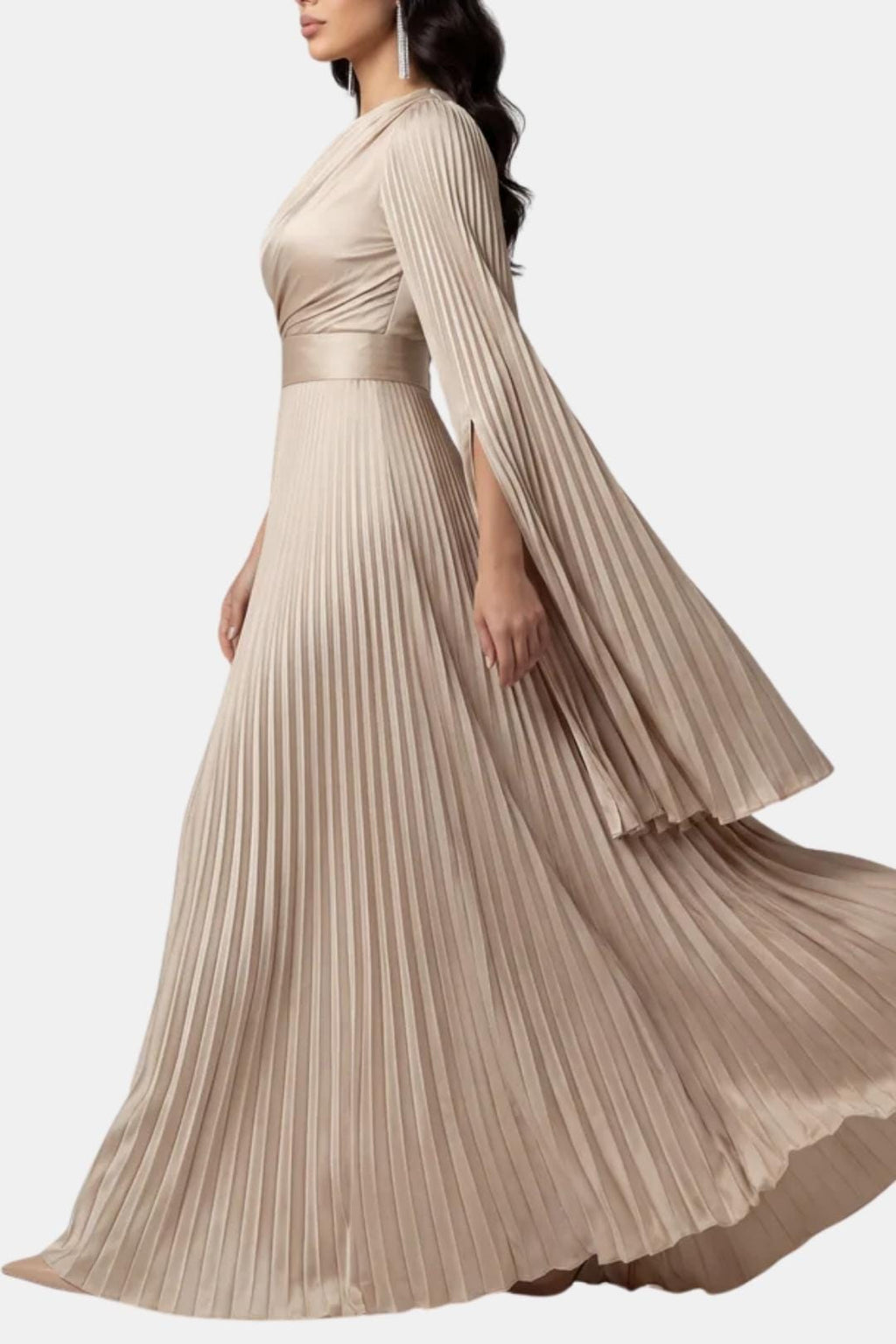 Pleated Satin Sleeve Gown | Elegant Evening Dress for Women | UK Fashion