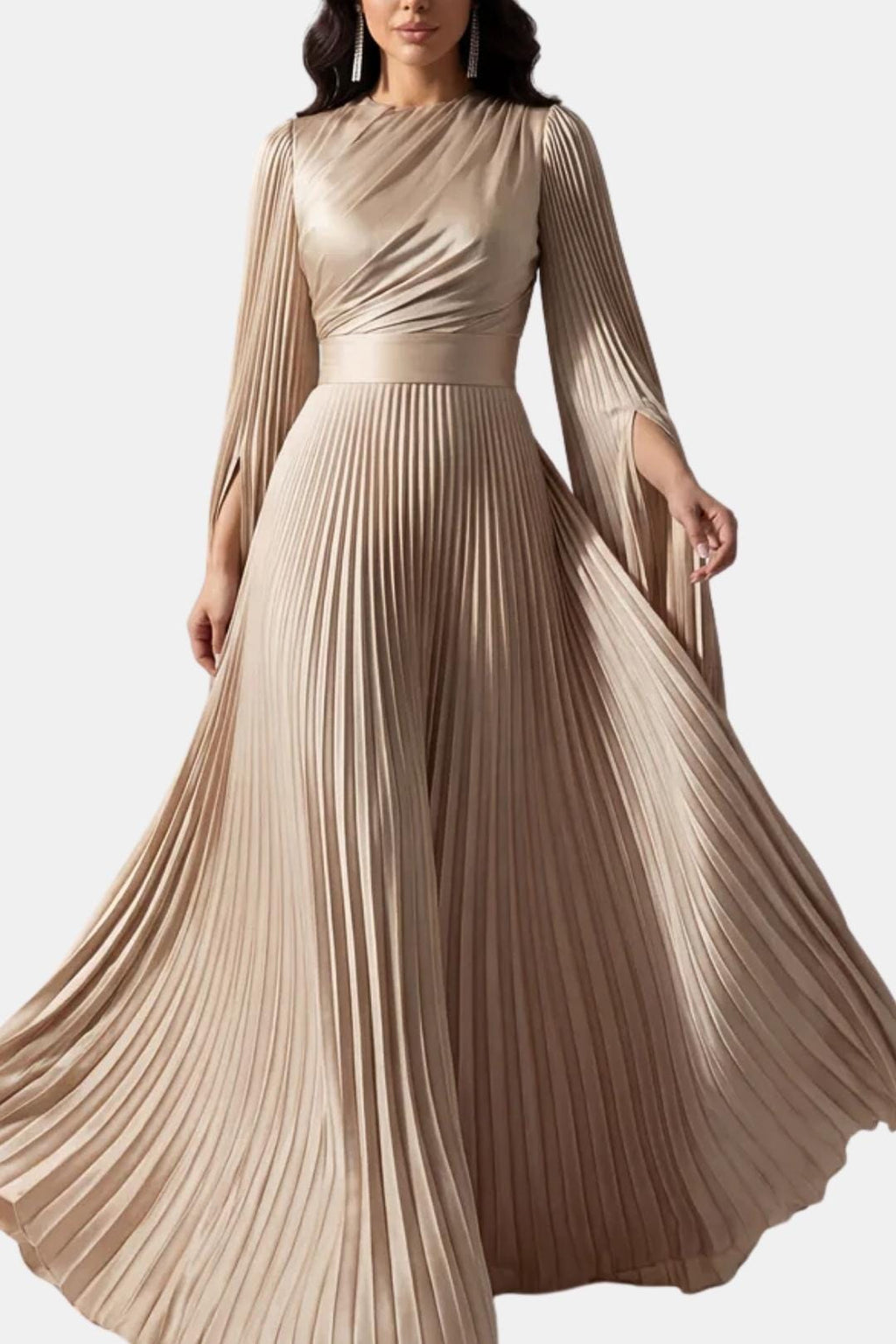 Pleated Satin Sleeve Gown | Elegant Evening Dress for Women | UK Fashion