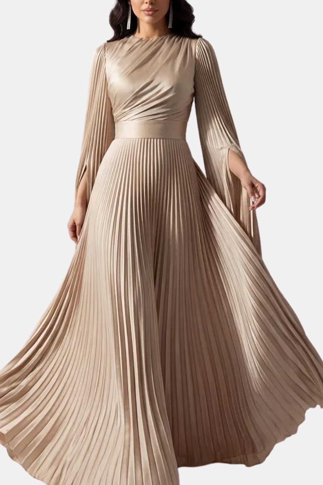 Pleated Satin Sleeve Gown | Elegant Evening Dress for Women | UK Fashion