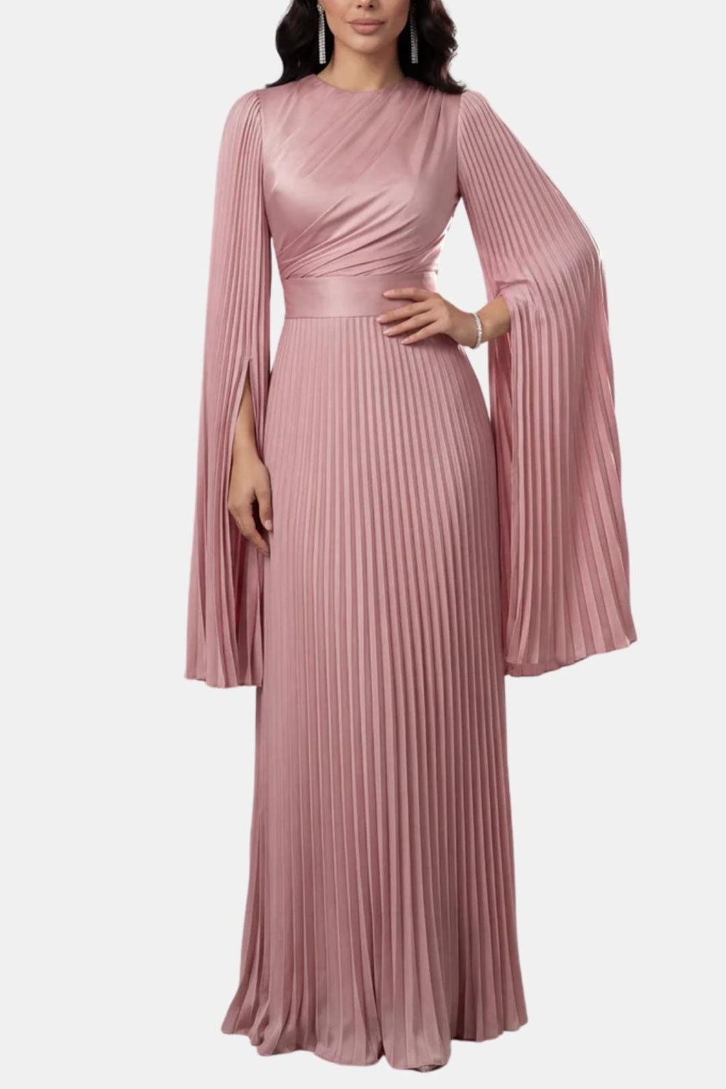 Pleated Satin Sleeve Gown | Elegant Evening Dress for Women | UK Fashion