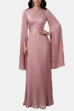 Pleated Satin Sleeve Gown | Elegant Evening Dress for Women | UK Fashion