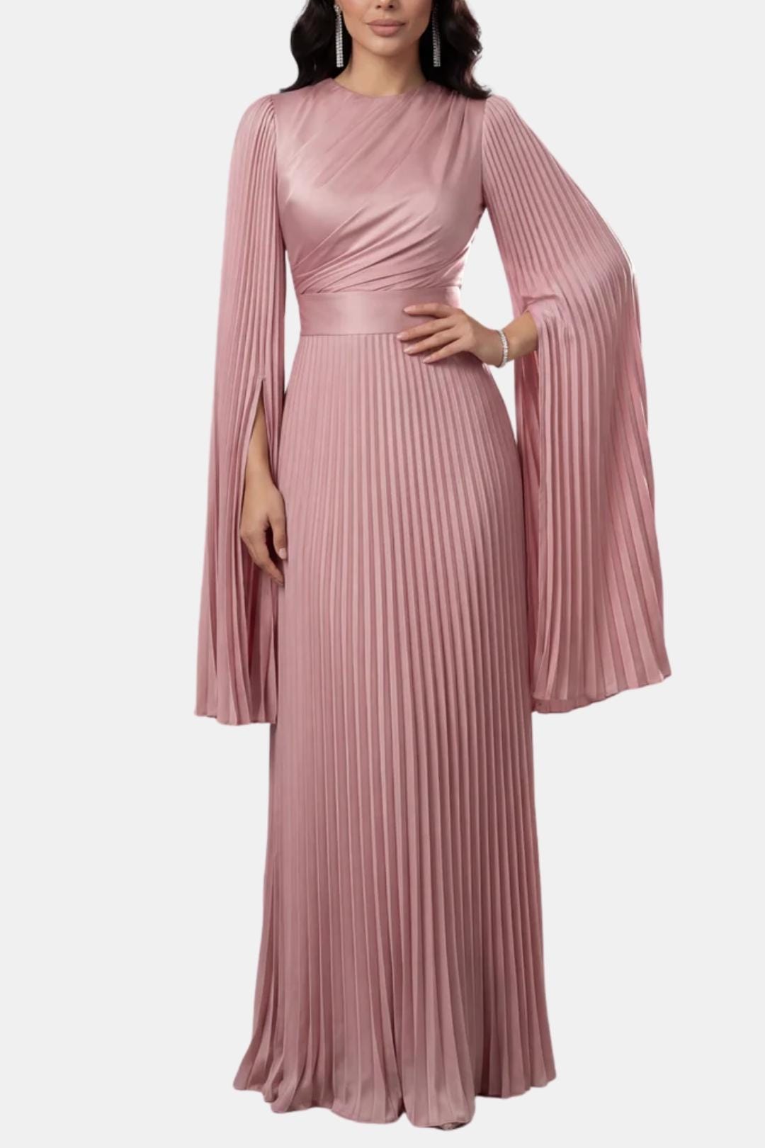 Pleated Satin Sleeve Gown | Elegant Evening Dress for Women | UK Fashion
