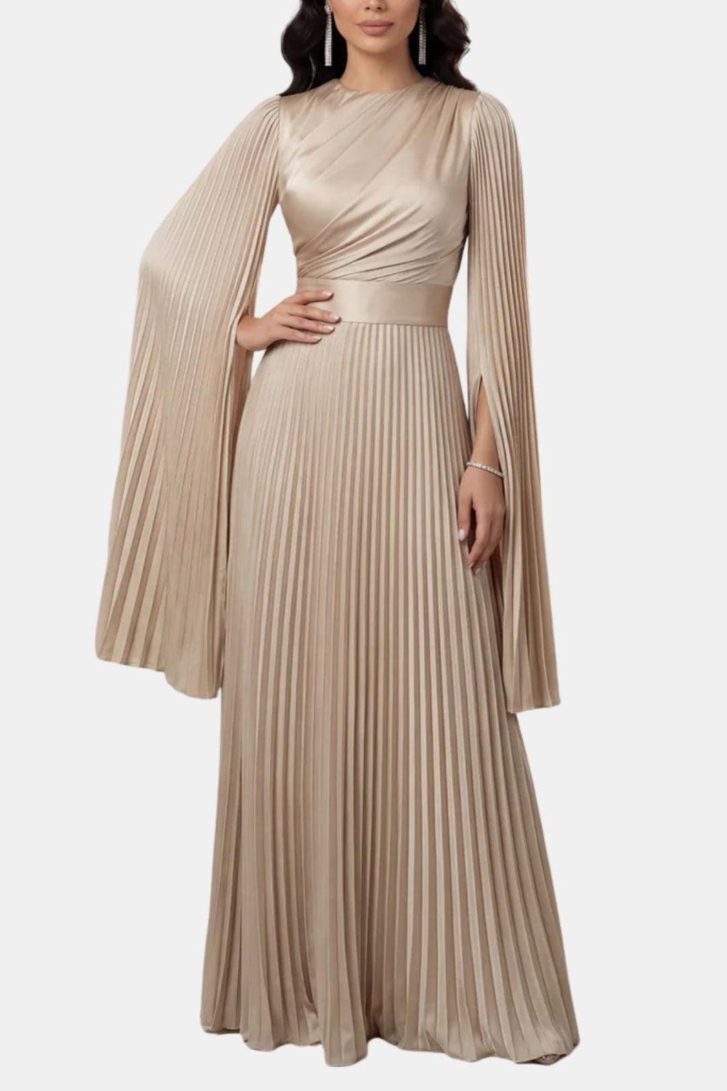Pleated Satin Sleeve Gown | Elegant Evening Dress for Women | UK Fashion