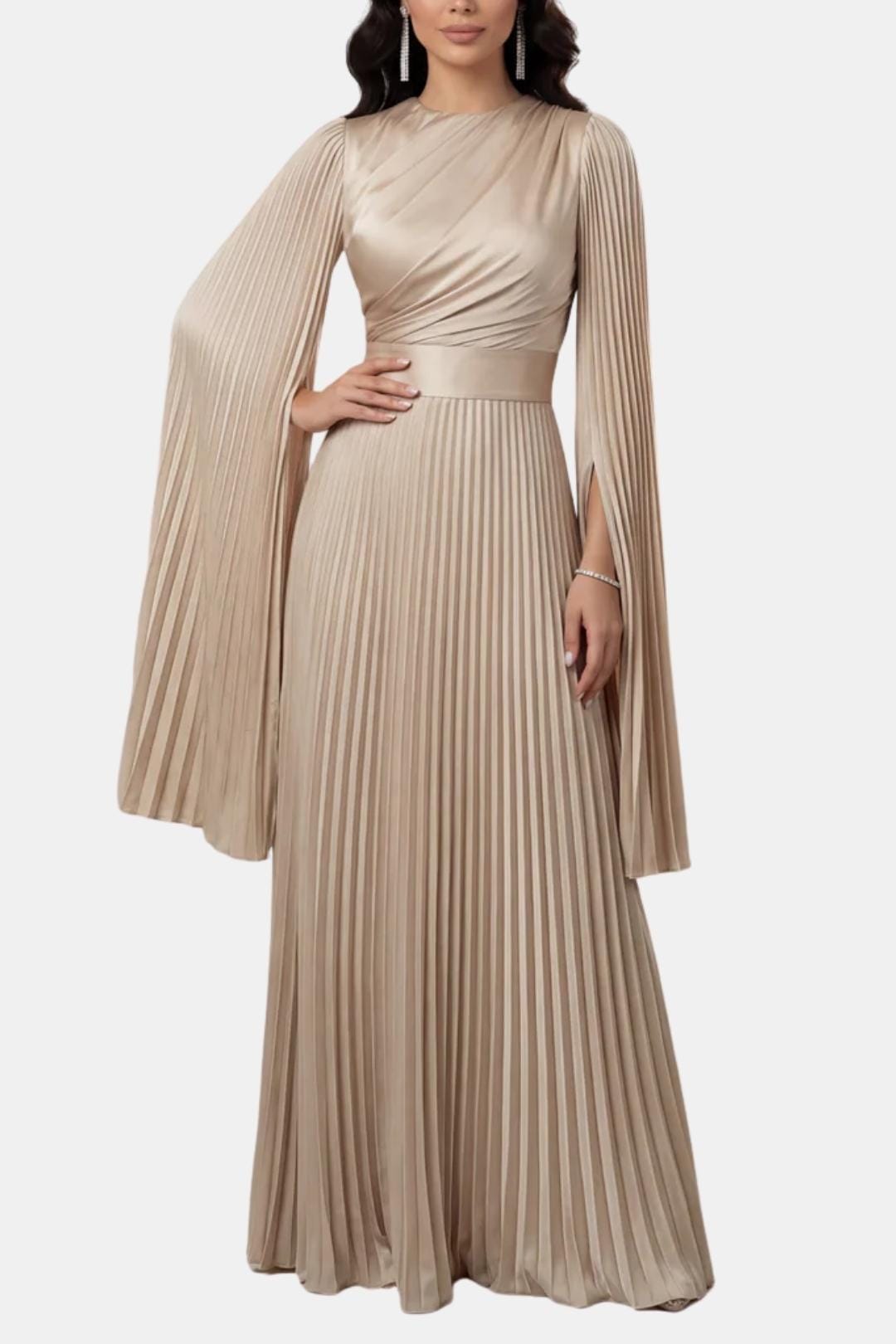 Pleated Satin Sleeve Gown | Elegant Evening Dress for Women | UK Fashion