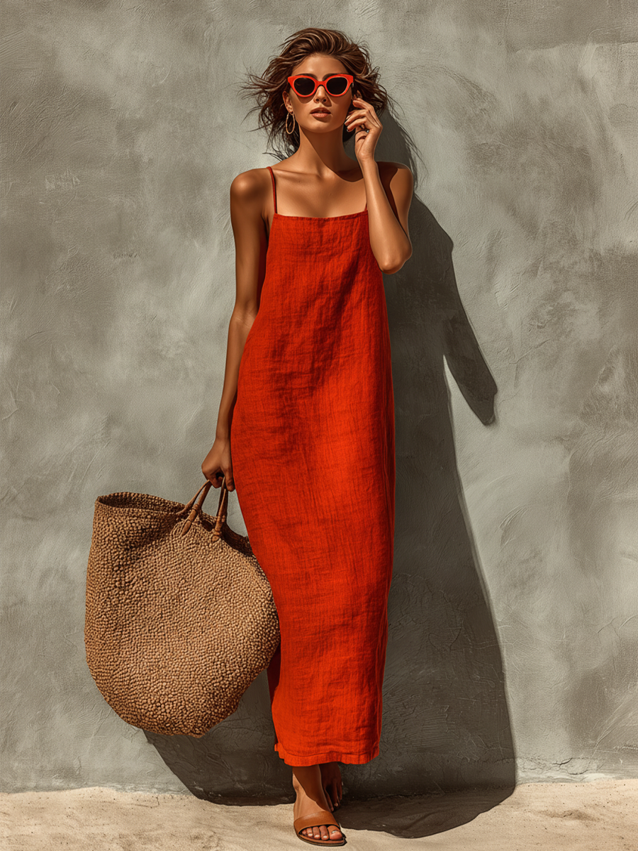Red Cotton Spaghetti Strap Dress with Square Neck - Boho Resort Style for Women