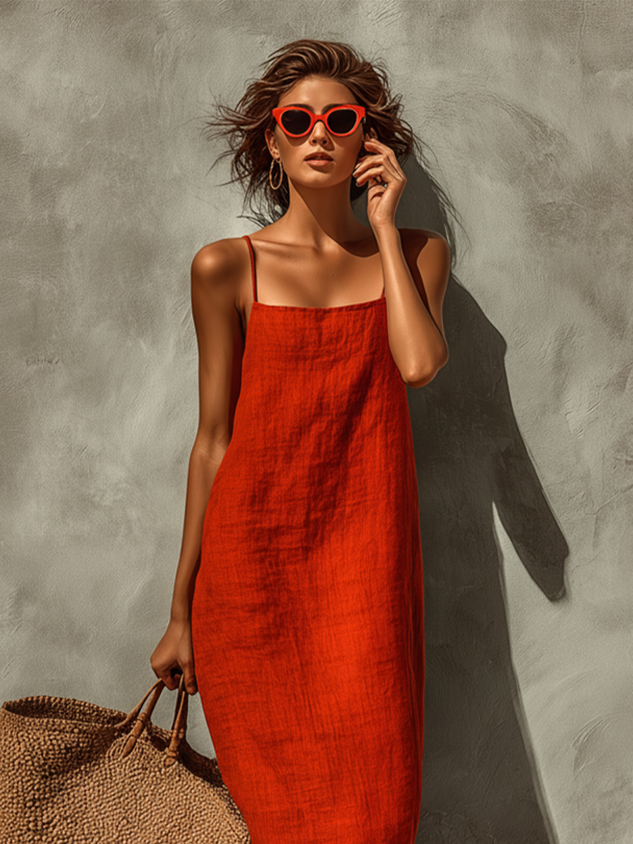 Red Cotton Spaghetti Strap Dress with Square Neck - Boho Resort Style for Women