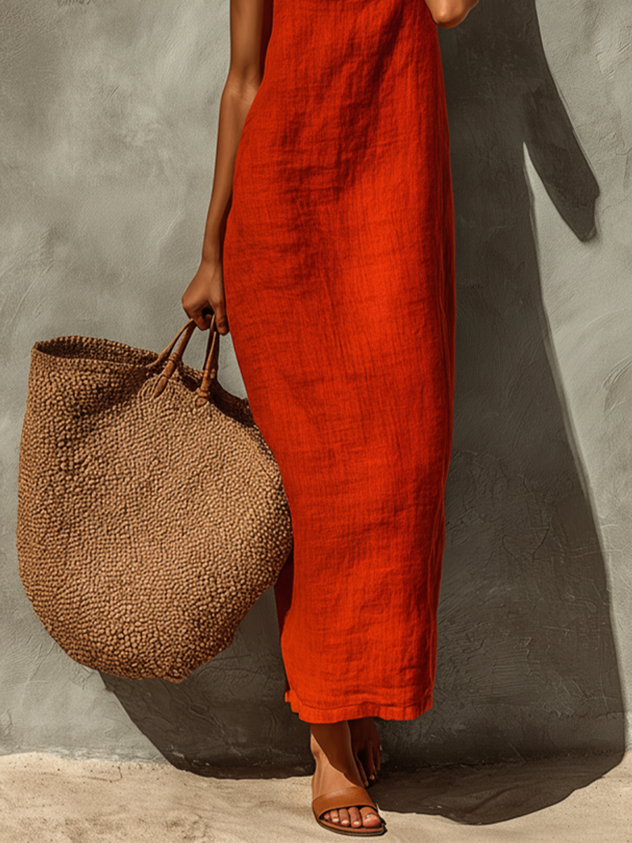 Red Cotton Spaghetti Strap Dress with Square Neck - Boho Resort Style for Women