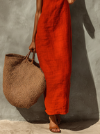 Red Cotton Spaghetti Strap Dress with Square Neck - Boho Resort Style for Women