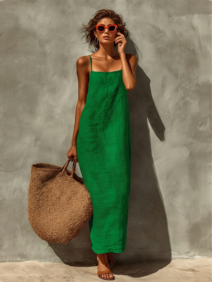 Red Cotton Spaghetti Strap Dress with Square Neck - Boho Resort Style for Women