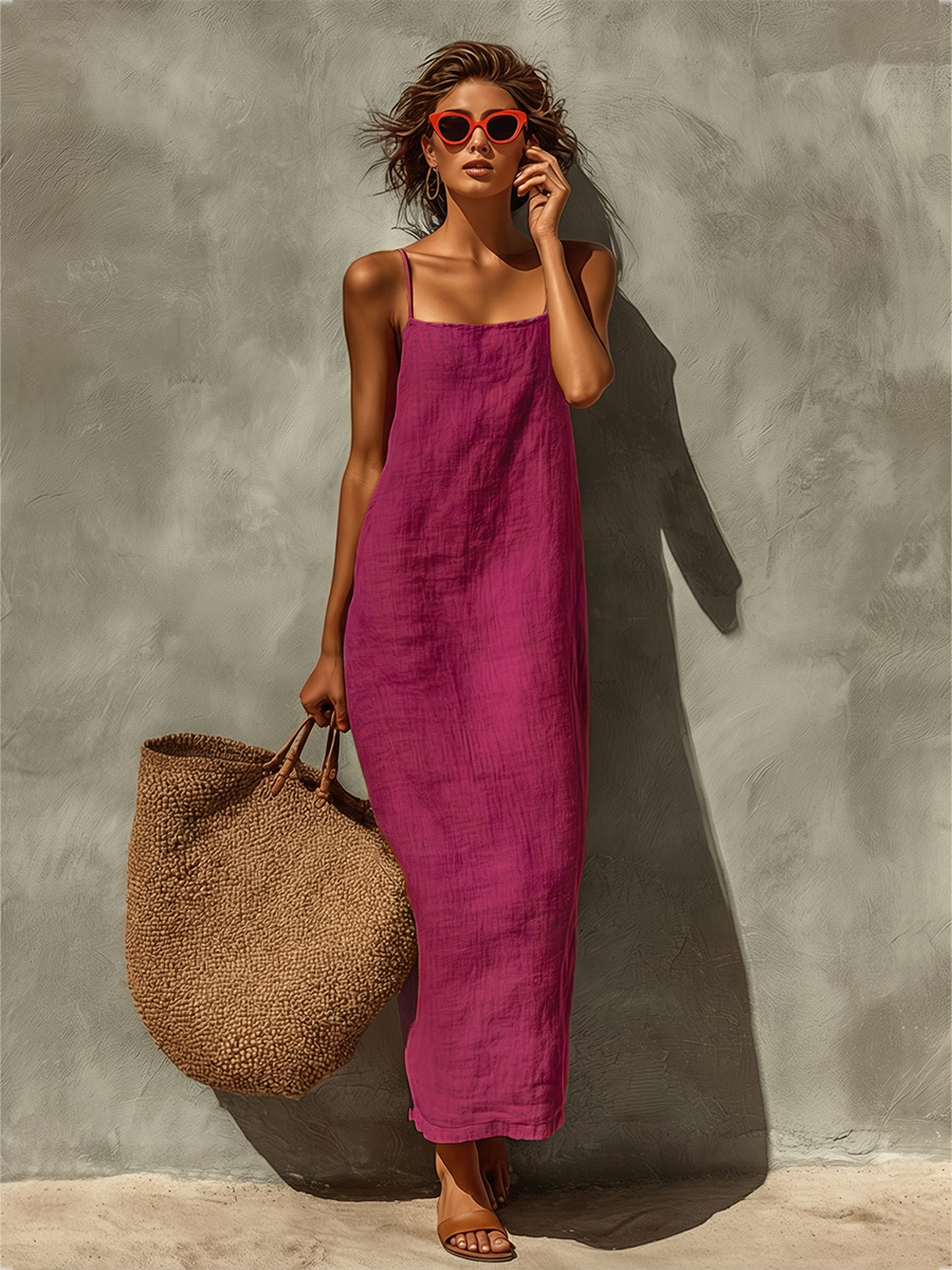 Red Cotton Spaghetti Strap Dress with Square Neck - Boho Resort Style for Women