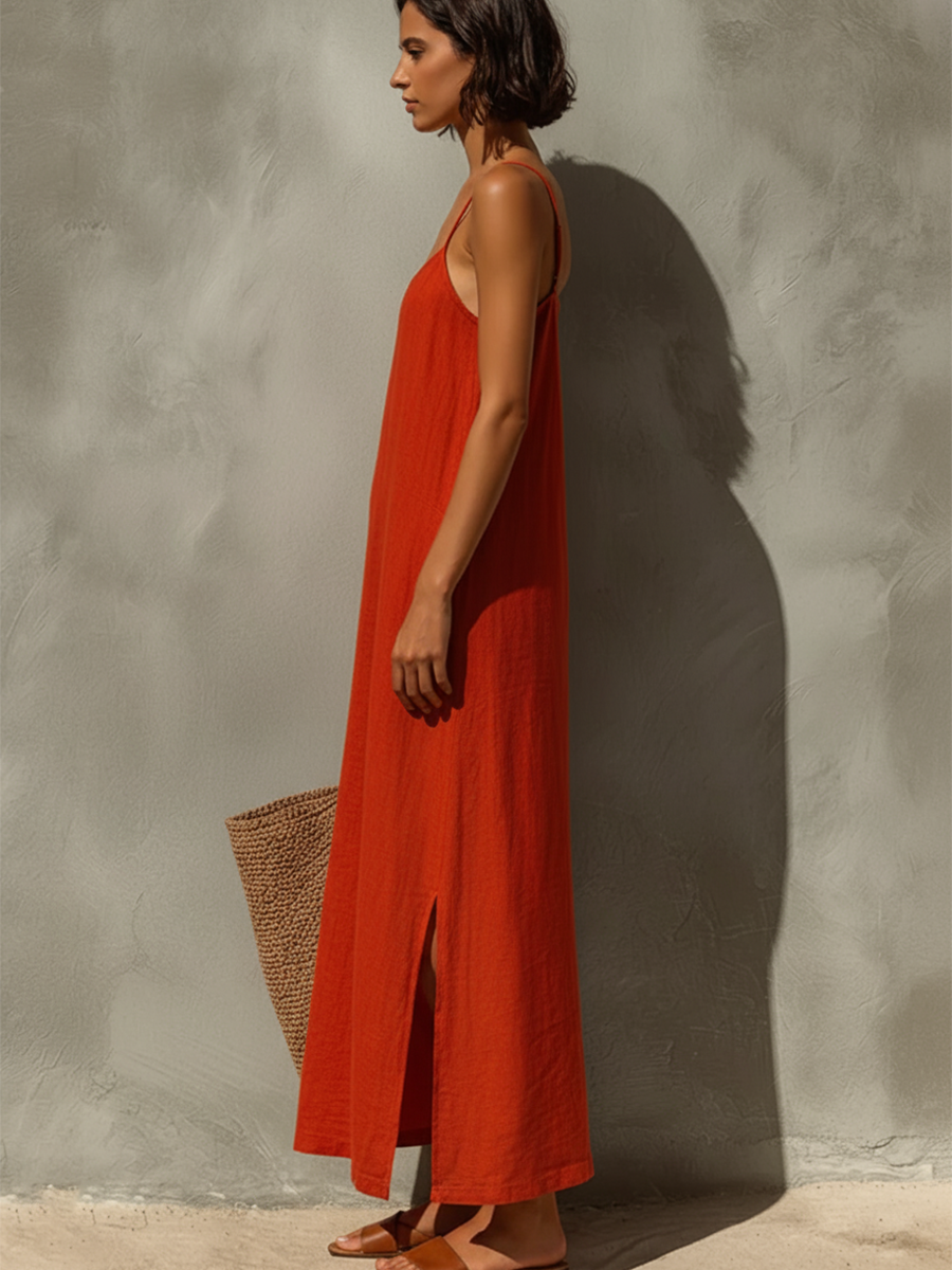 Red Cotton Spaghetti Strap Dress with Square Neck - Boho Resort Style for Women
