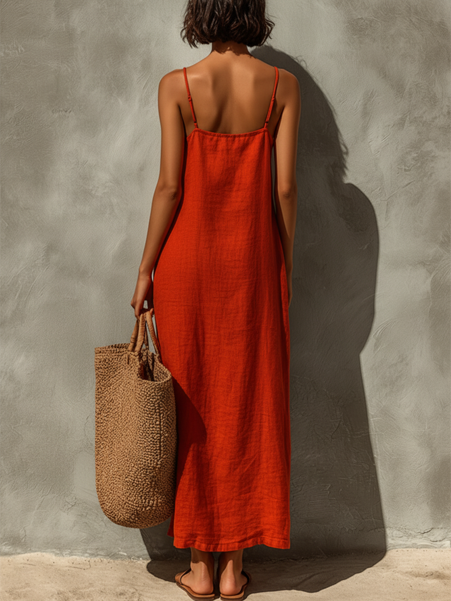 Red Cotton Spaghetti Strap Dress with Square Neck - Boho Resort Style for Women